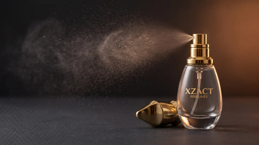 An XZACT bottle releasing a fine mist of fragrance